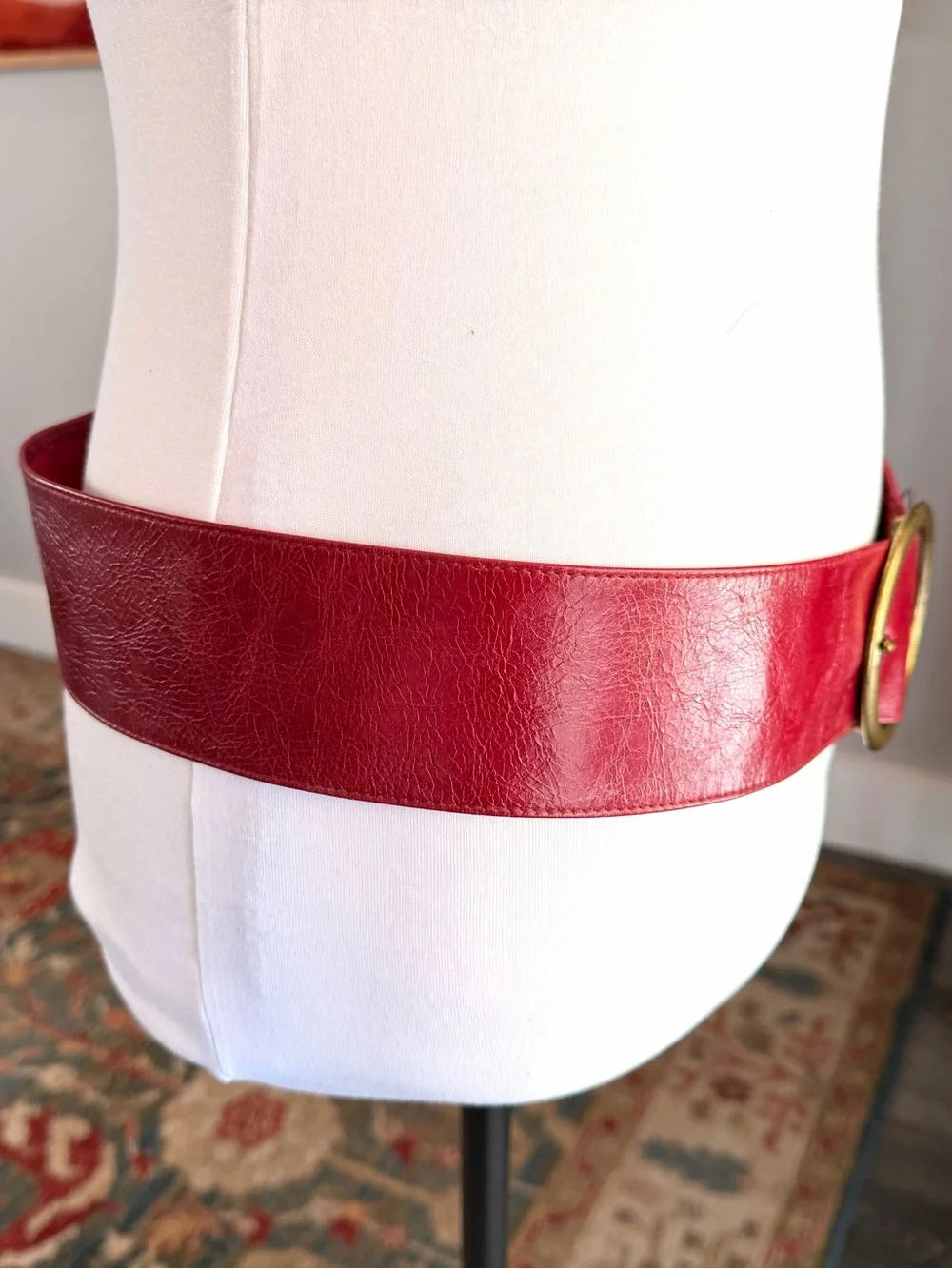 HOBO Red Leather Belt with Round Brass-Tone Buckle